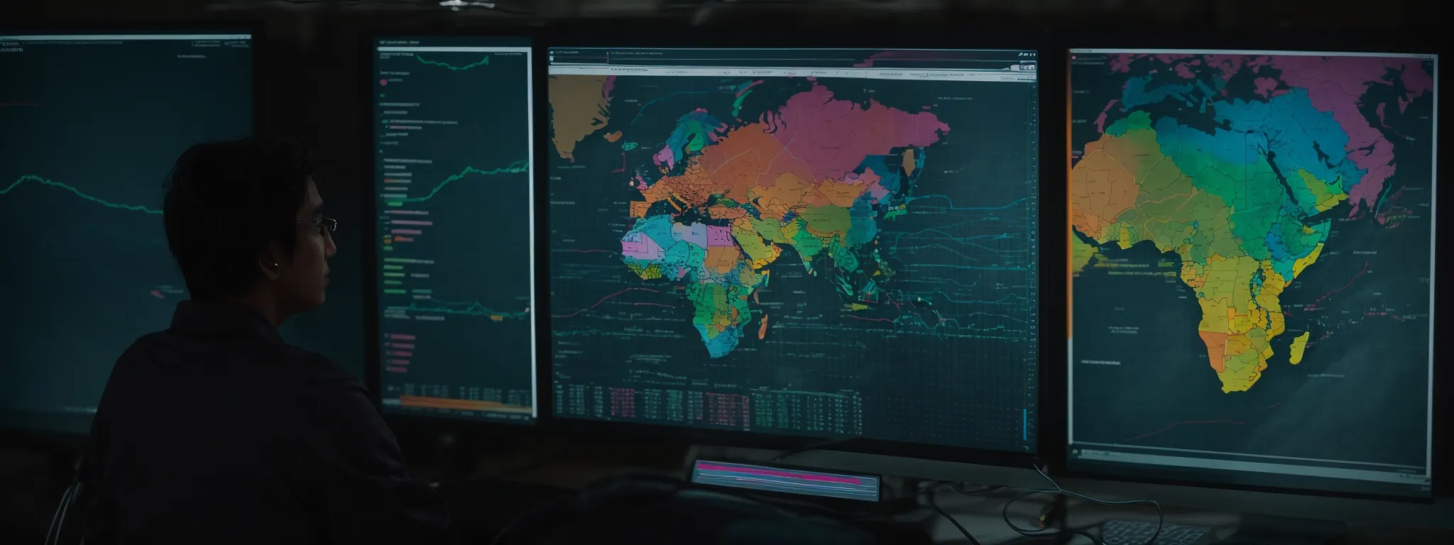a person closely examines a computer screen displaying colorful analytical graphs and geo-maps highlighting various regions.