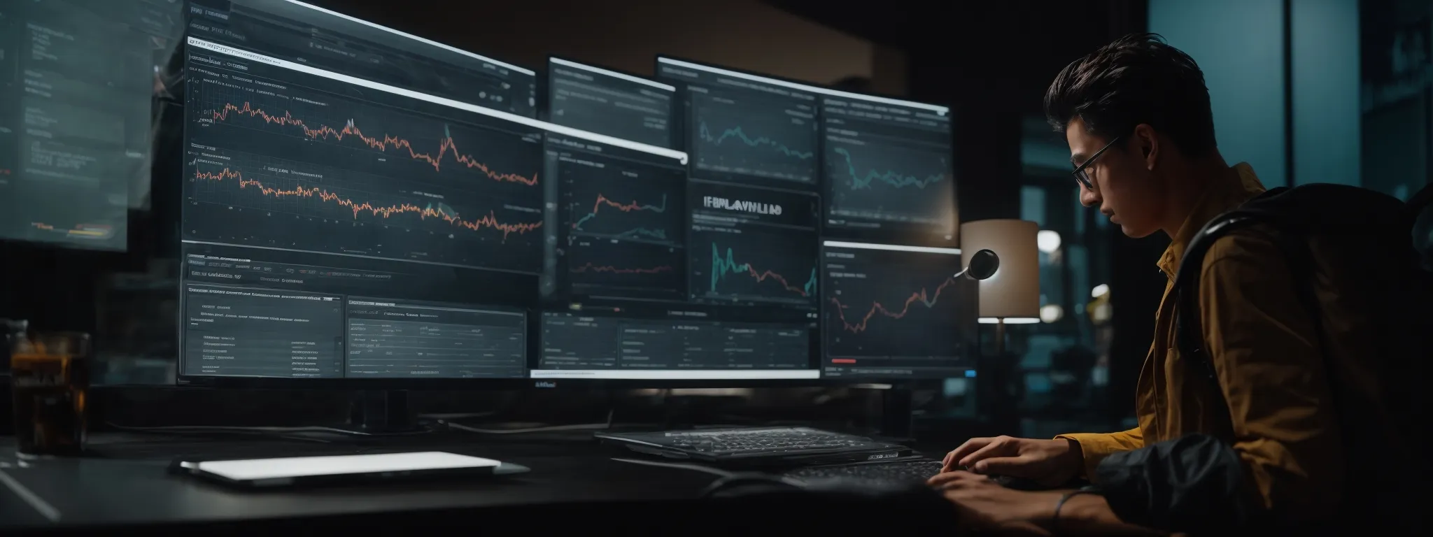 a focused individual interacts with a vibrant dashboard displaying keyword analytics and trends on a computer screen.
