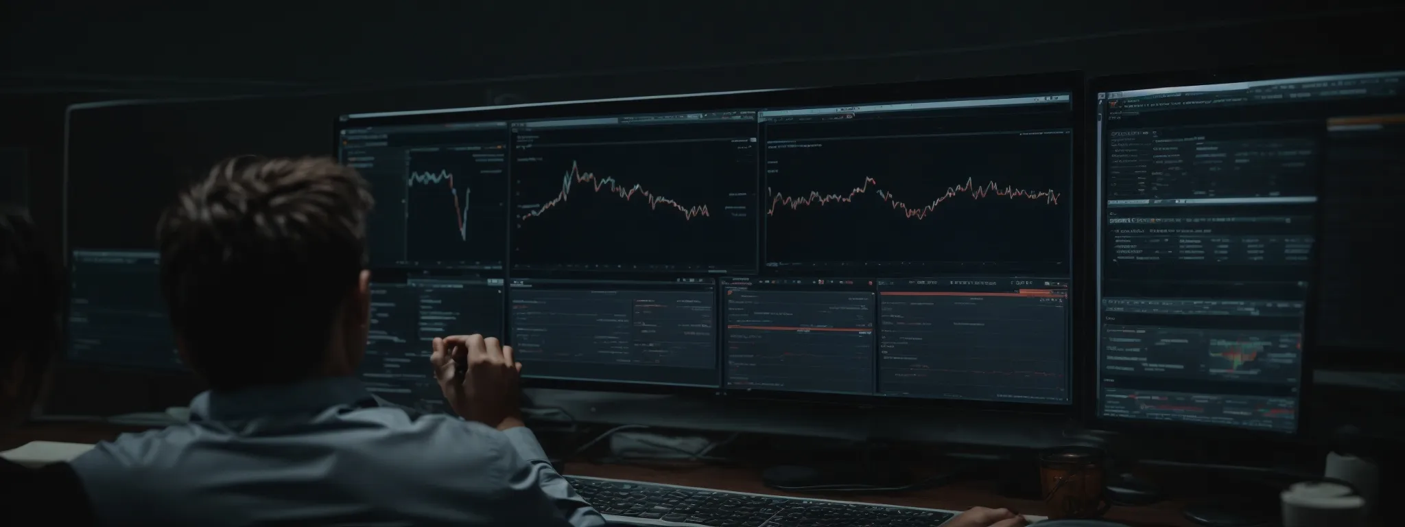 a marketer intently studies expansive dashboards on a computer screen, revealing intricate search term trends and competitor analyses.