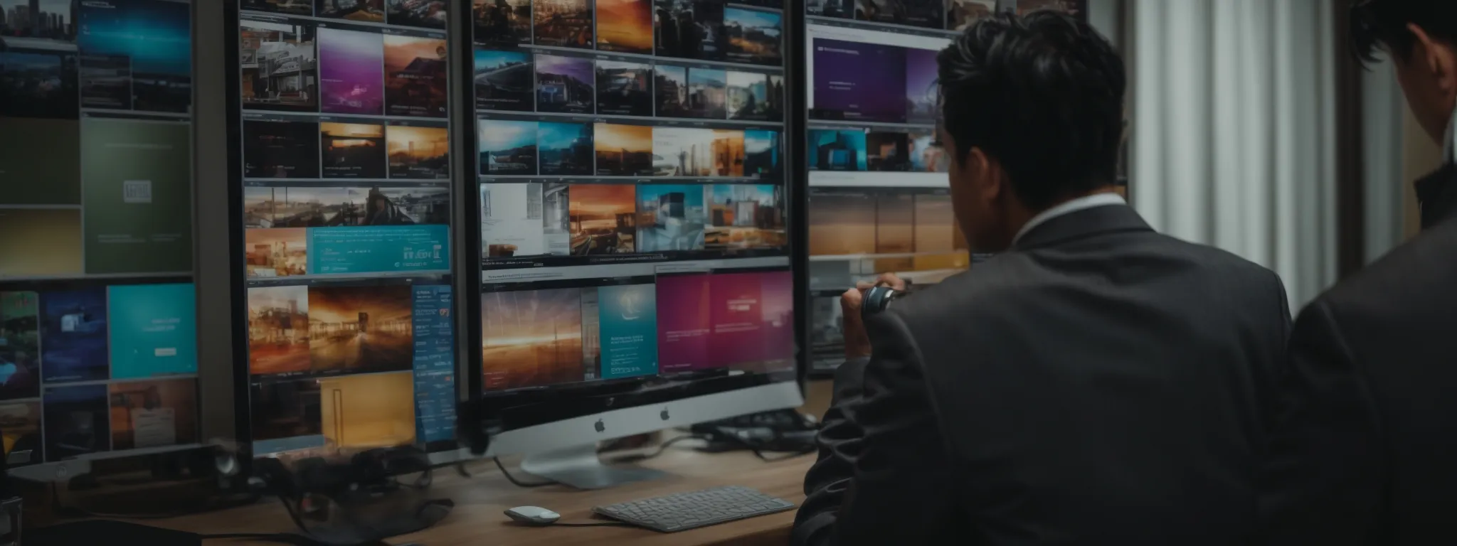 a business professional examining a vibrant display of product listings on a computer screen, symbolizing the optimization of an online marketplace.