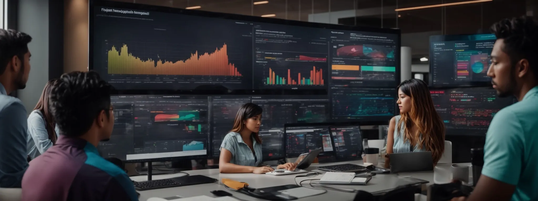 a diverse team of digital marketers collaborates around a large screen displaying colorful analytics and keyword trend graphs.