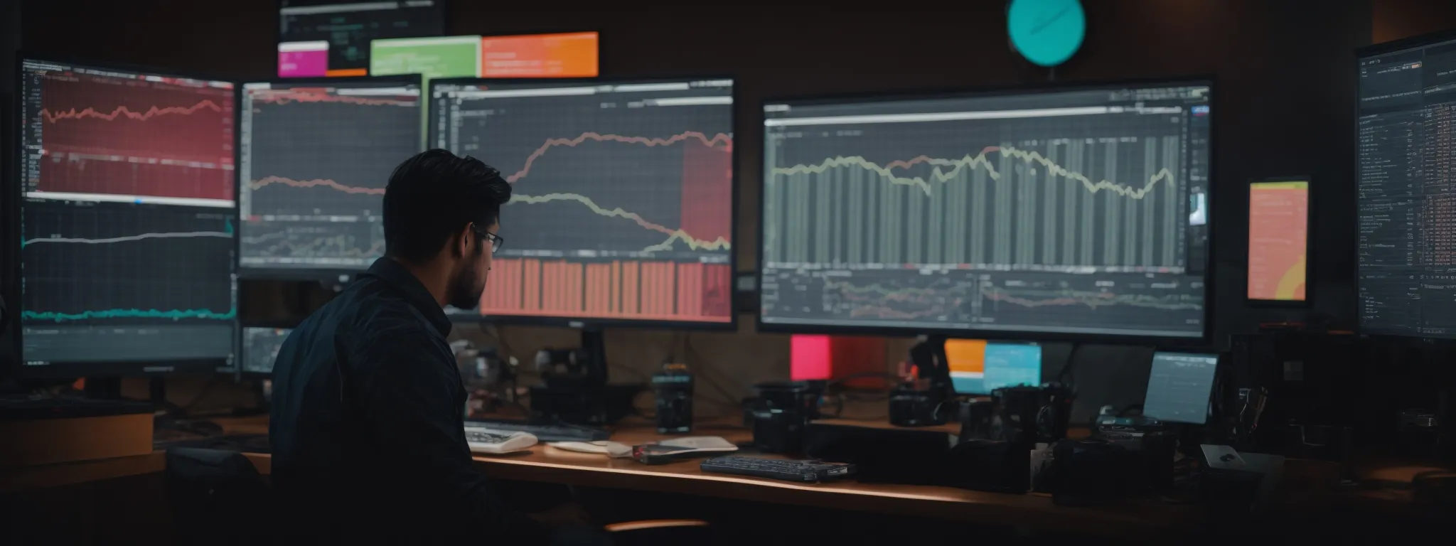 a person sits at a modern computer setup, intently studying a dashboard with colorful seo performance graphs.