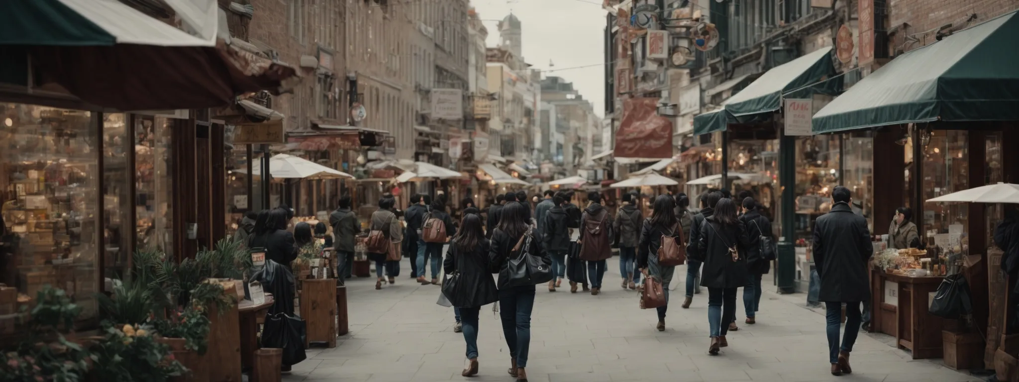 a bustling small business district with diverse shops and pedestrians engaging with location-based technology on their mobile devices.