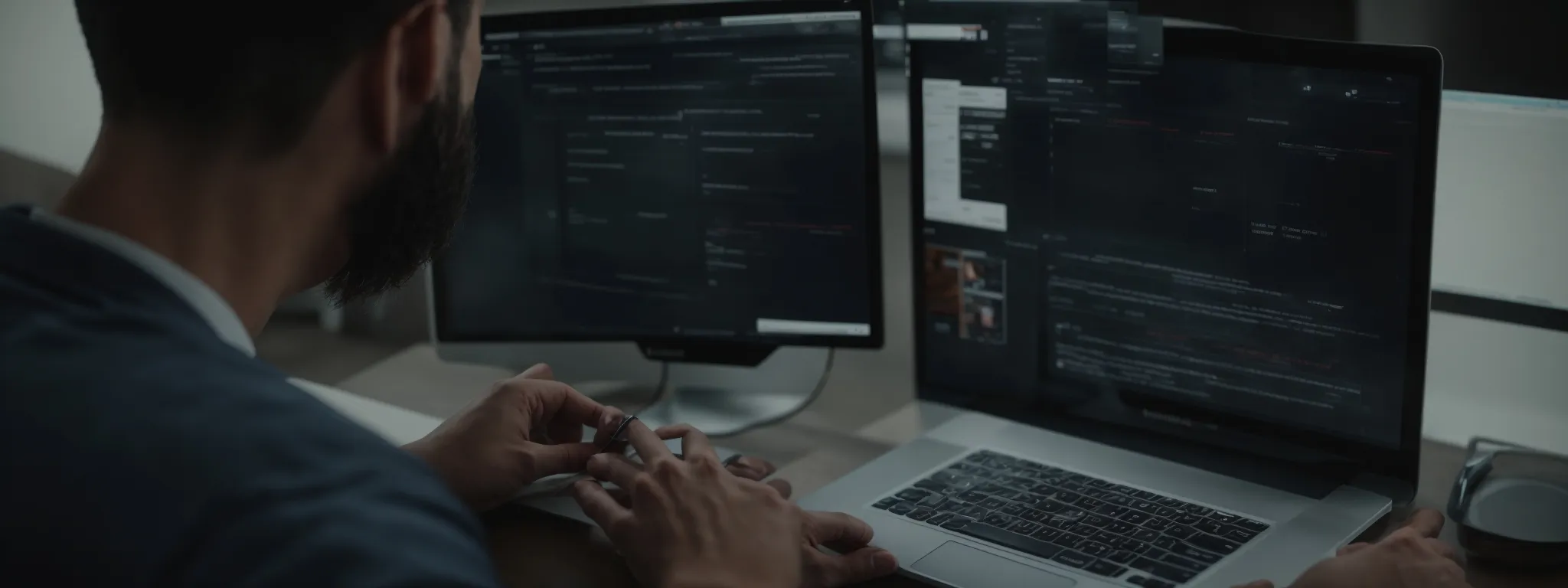 a focused individual navigates a keyword research software interface on a computer screen amidst a strategic digital marketing environment.