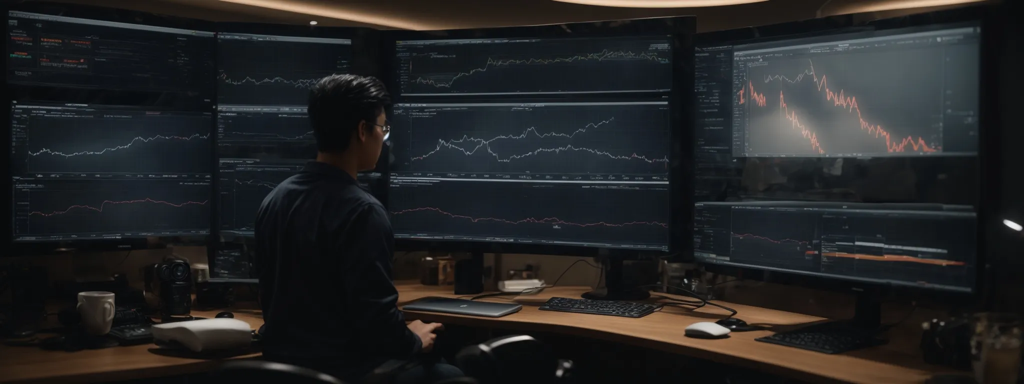 a split-screen representing a marketer using both a simple interface on one side and a complex analytics dashboard on the other.