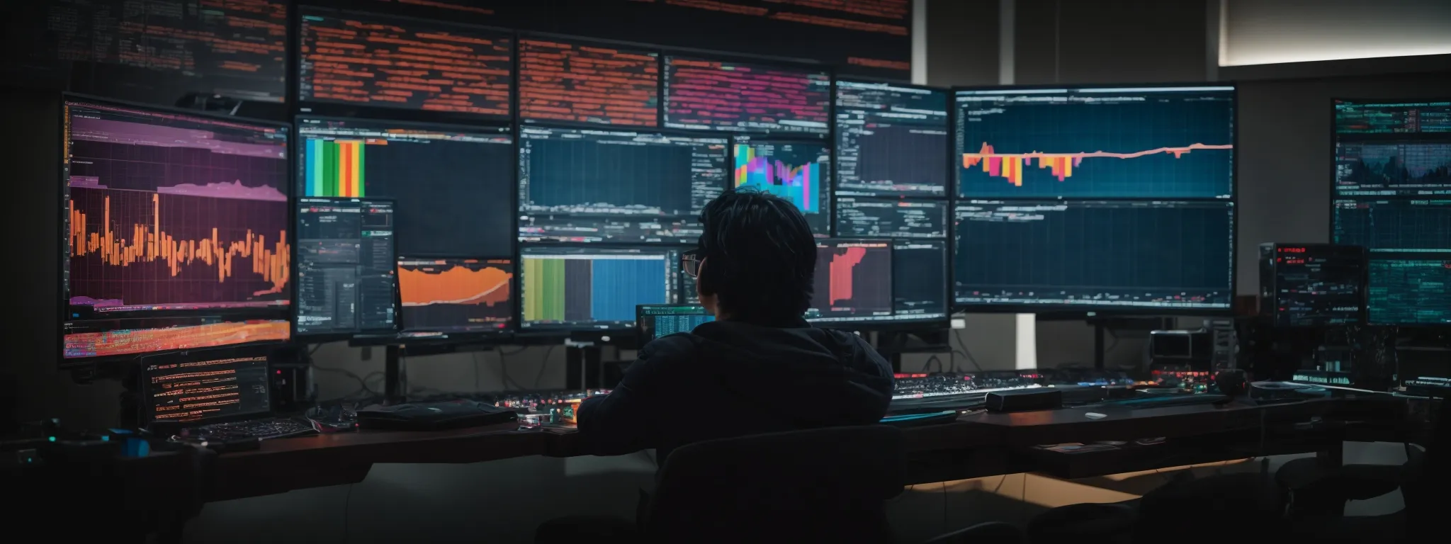 a person sits at a modern computer workstation, analyzing a colorful data dashboard that illustrates youtube search trends and keyword statistics.