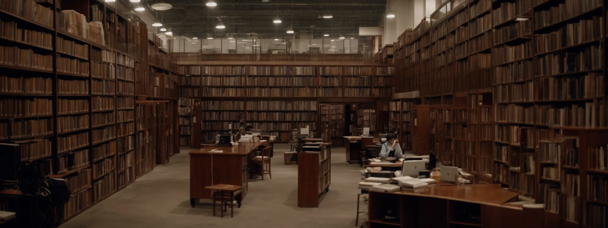 a panoramic view of a vast library with someone using a computer to conduct research amidst towering bookshelves.