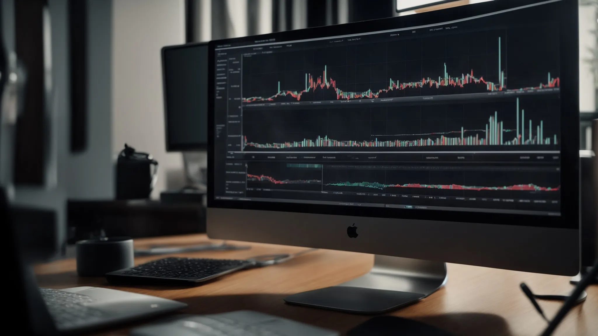 a developer intently studies graphs and charts on a computer screen displaying keyword search volume trends.