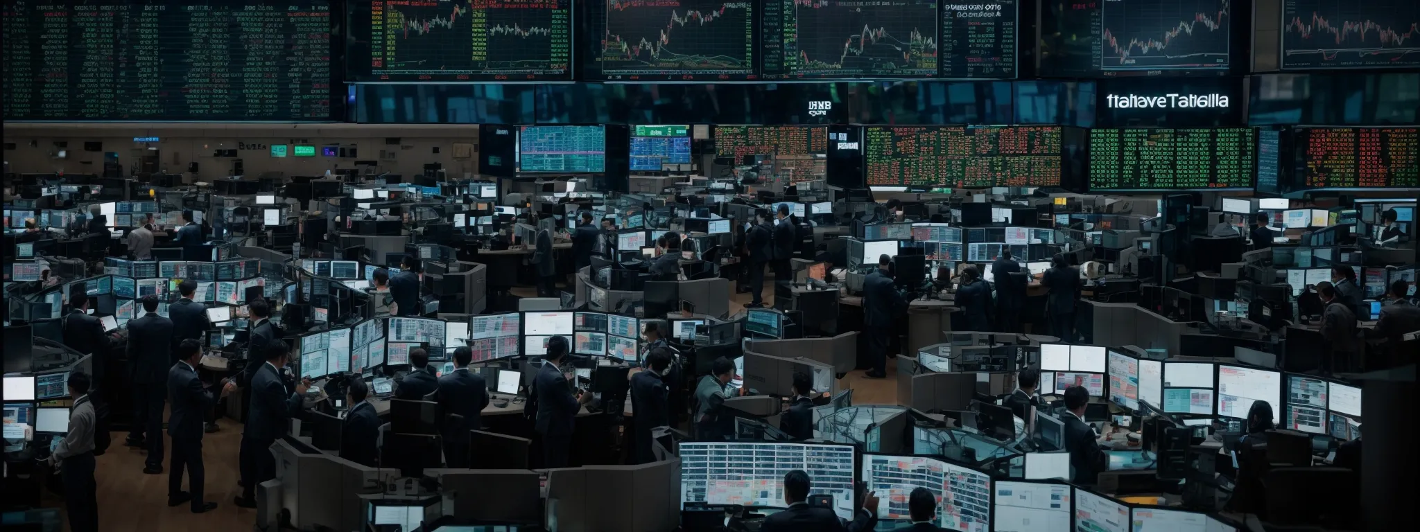 a bustling stock market trading floor where active traders watch monitors displaying dynamic charts and data.
