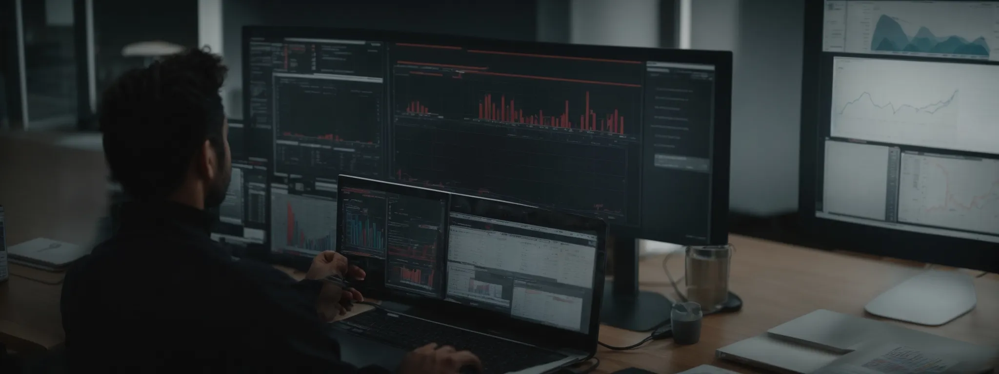 a marketer analyzing data charts on a computer screen to optimize seo strategies.