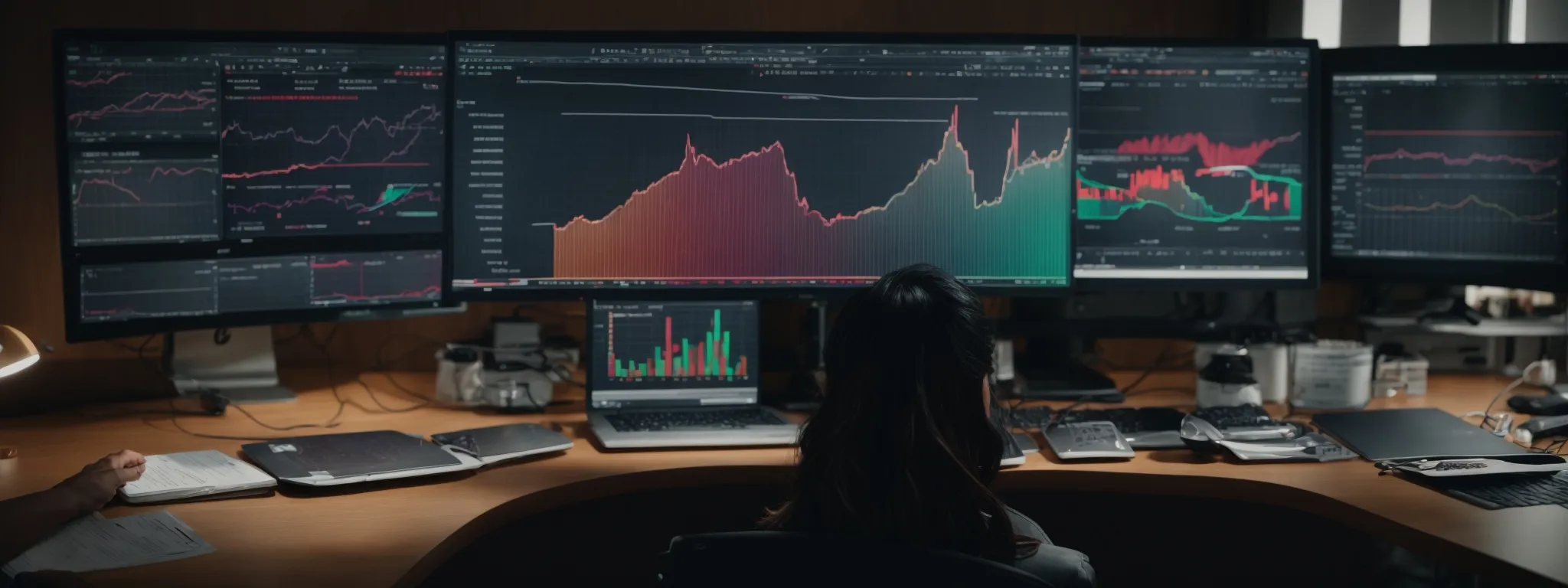 a person sits at a desk with a computer screen displaying colorful graphs and charts representing keyword analysis.