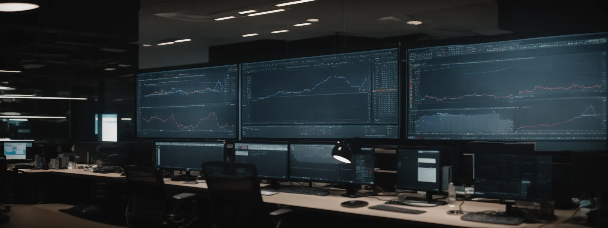 a person analyzing an expansive graph displaying search trend data on a large monitor in a modern office environment.