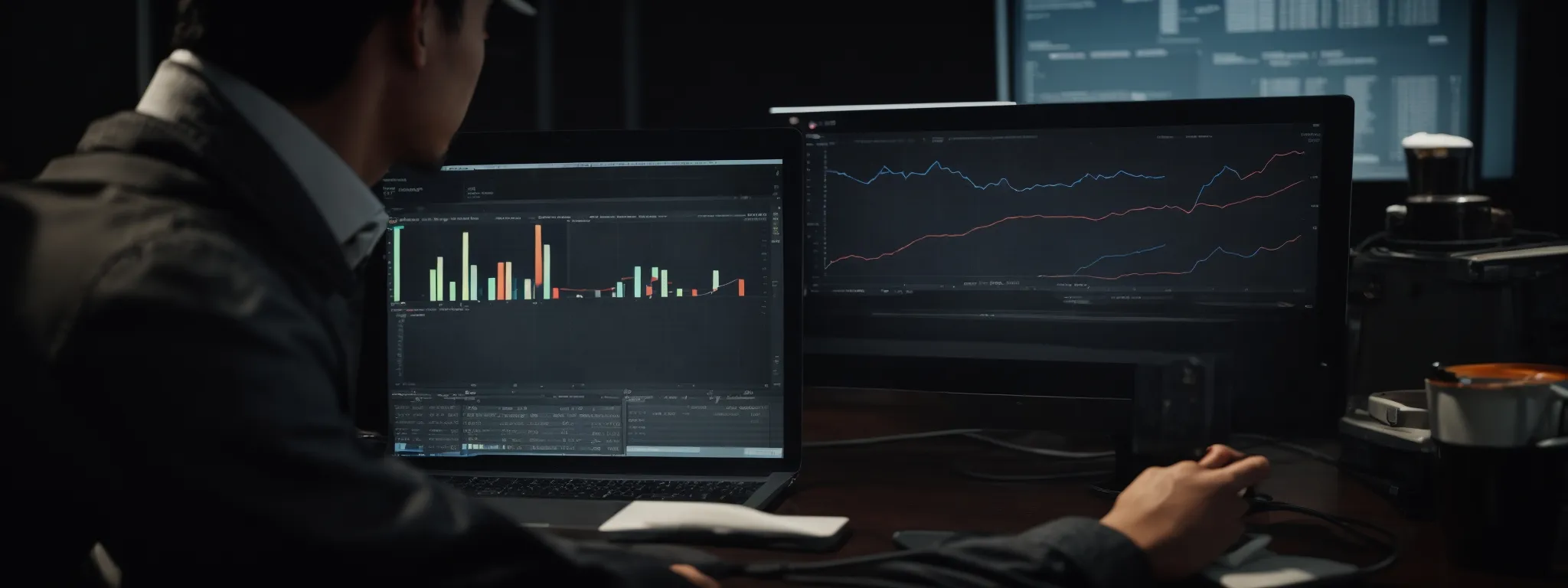 a marketer scrutinizing graphs and charts on a computer screen to analyze keyword performance data.