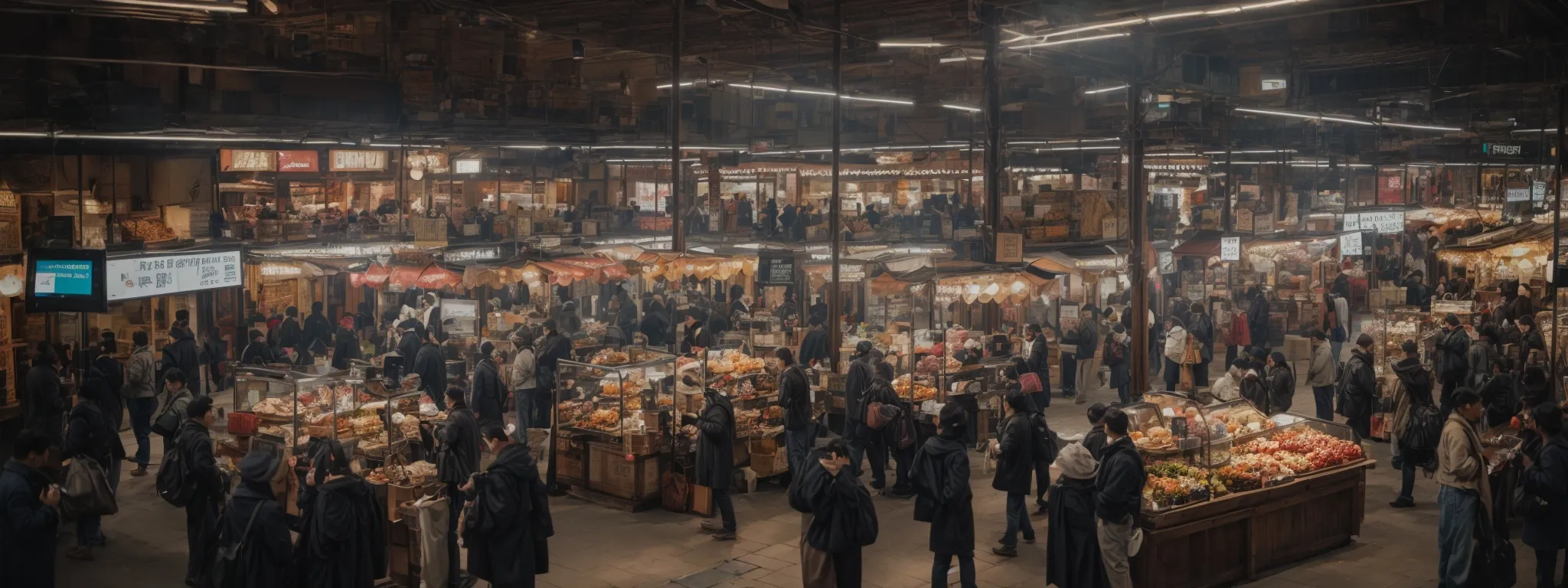 a bustling marketplace with merchants analyzing large data screens highlighting trending keywords and consumer behavior.