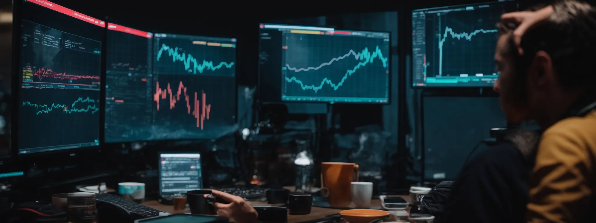 a content creator brainstorming video ideas with a background of vibrant analytics charts on a screen.