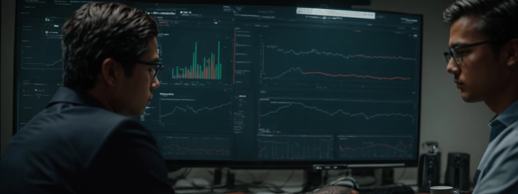 two professionals intently examining large graphs on a monitor, symbolizing a deep dive into seo analytics.