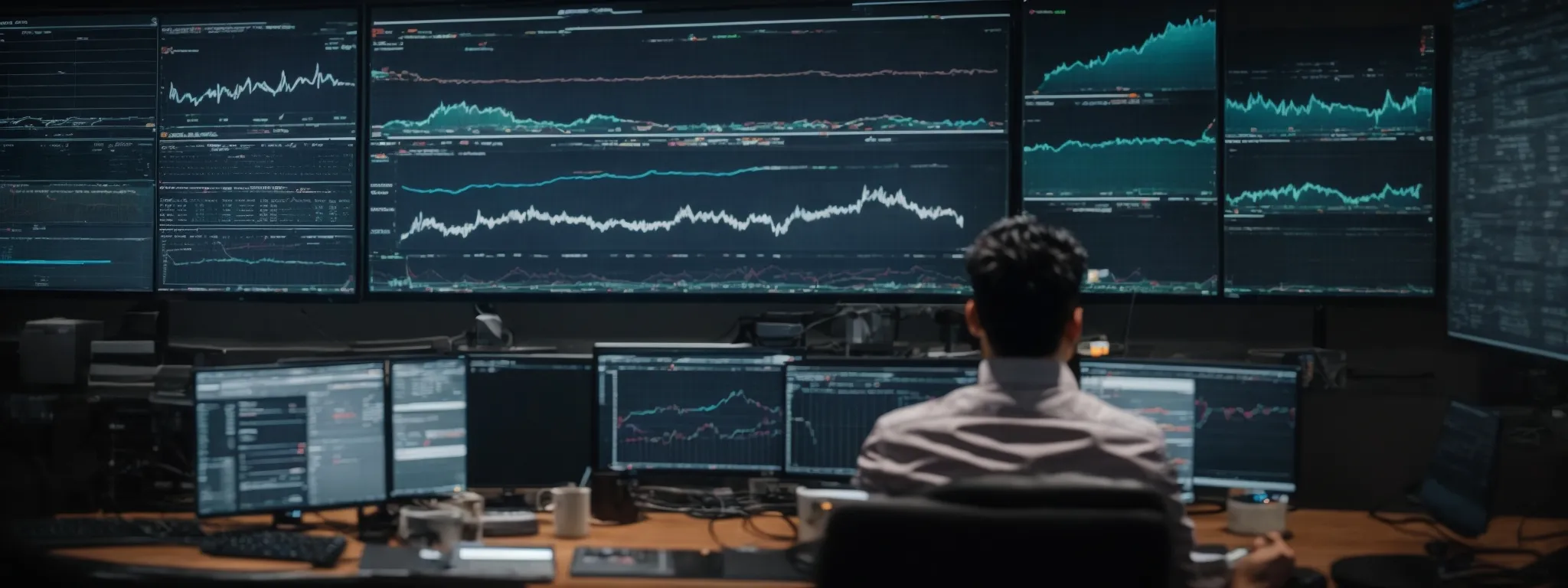 a researcher intently studies graphs and charts on a large monitor displaying seo metrics and keyword trends.