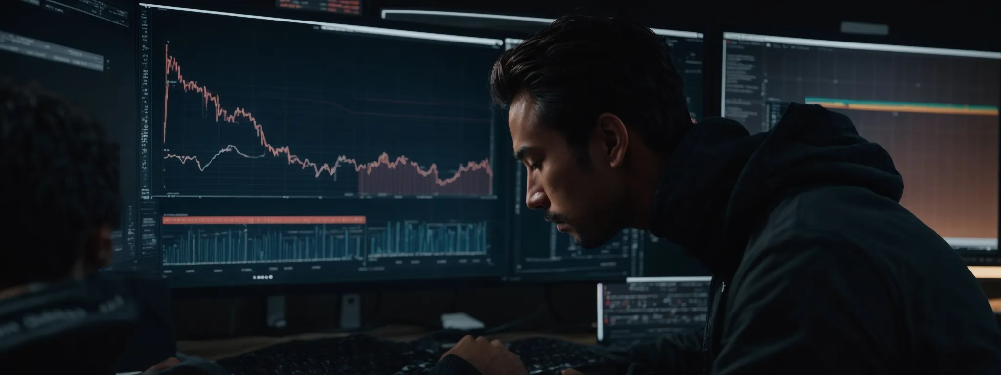 a content creator intently analyzes graphs and charts on a computer screen, showcasing data trends and keyword performance.