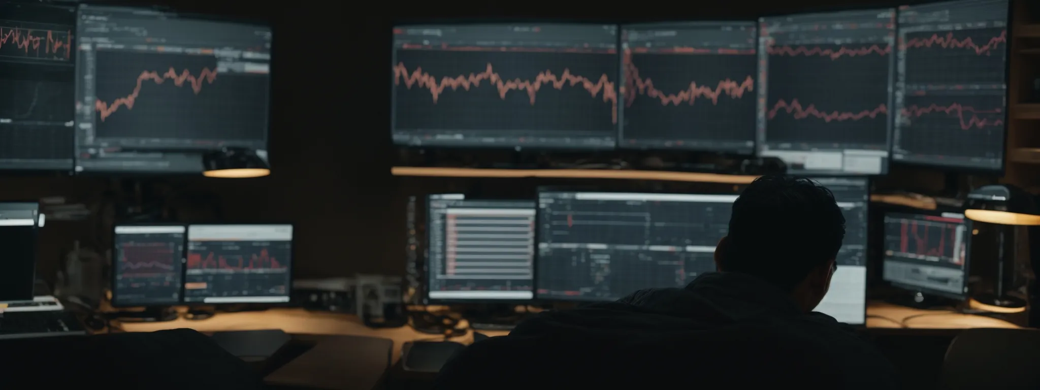 a person sitting in front of a computer, analyzing complex data charts about online shopping trends.