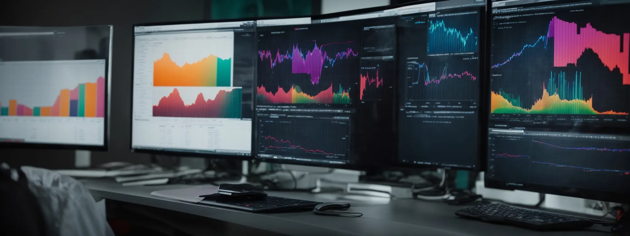 a researcher intently studies a computer screen displaying colorful graphs and keyword analytics on an advanced seo software interface.