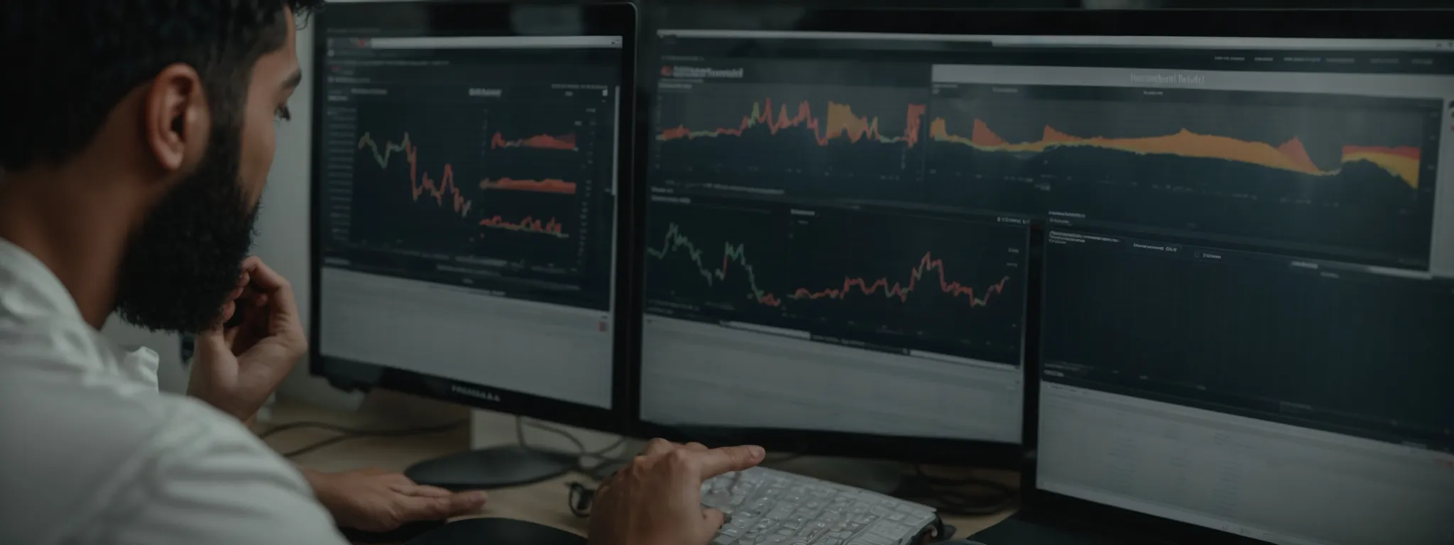 a marketer analyzing a visual dashboard showing keyword trends and website traffic statistics.