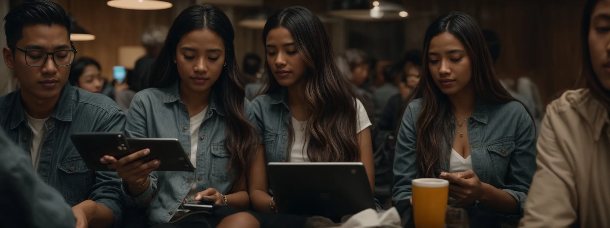 a diverse group of individuals engaging with digital devices, illustrating the targeted reach of long-tail keywords in seo.