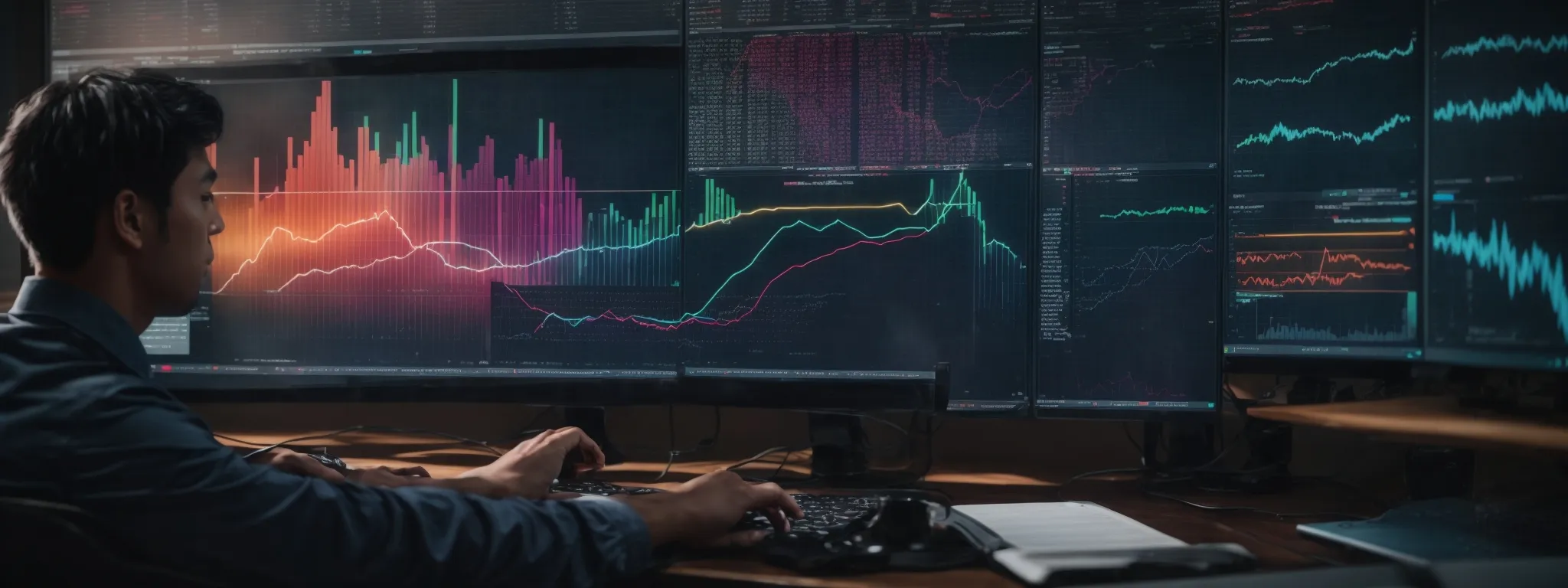 a person analyzing colorful graphs and charts on a computer screen, illustrating data analytics and seo trends.