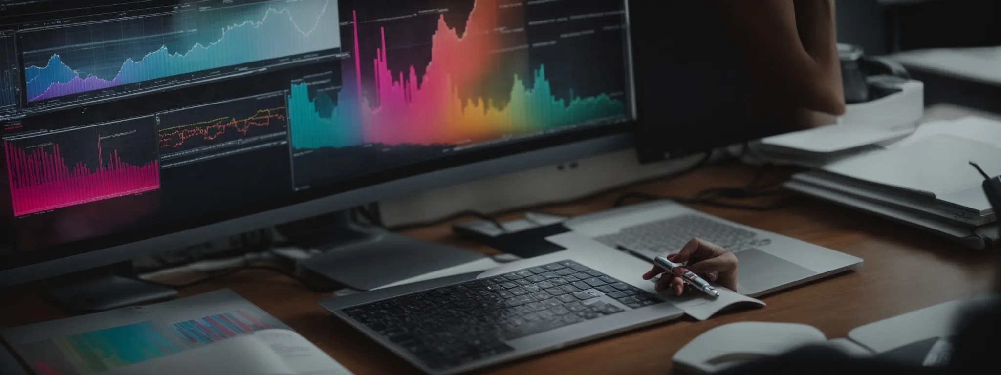 a person analyzes colorful graphs and charts on a computer screen, optimizing a website's seo strategy.