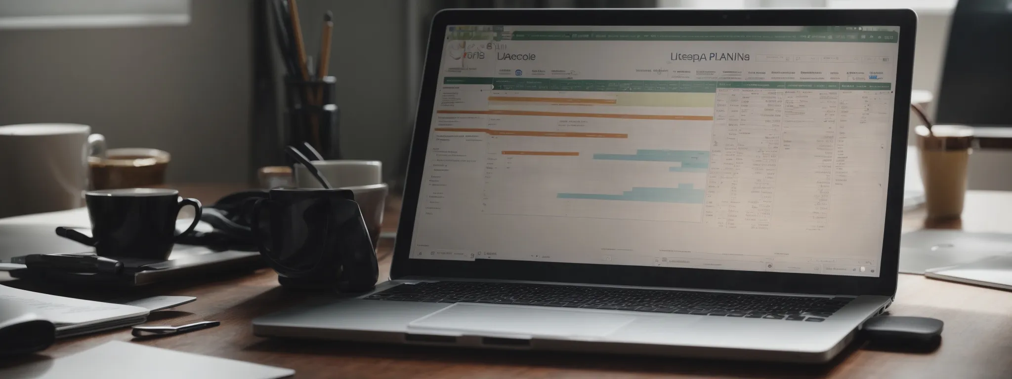 a laptop with a spreadsheet displaying various keywords and a notebook beside it on a desk symbolizing strategic planning.