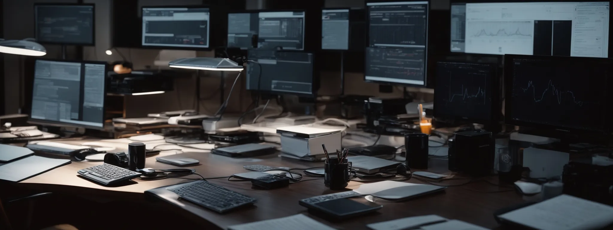 a person sitting at a desk with a computer, surrounded by hints of analytics and graphs representative of search trends and viewer interests.