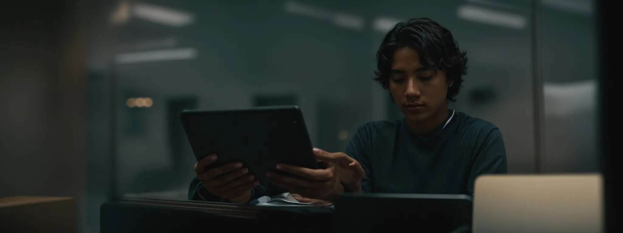 a focused individual attentively using a digital tablet to navigate through an amazon keyword analysis application.