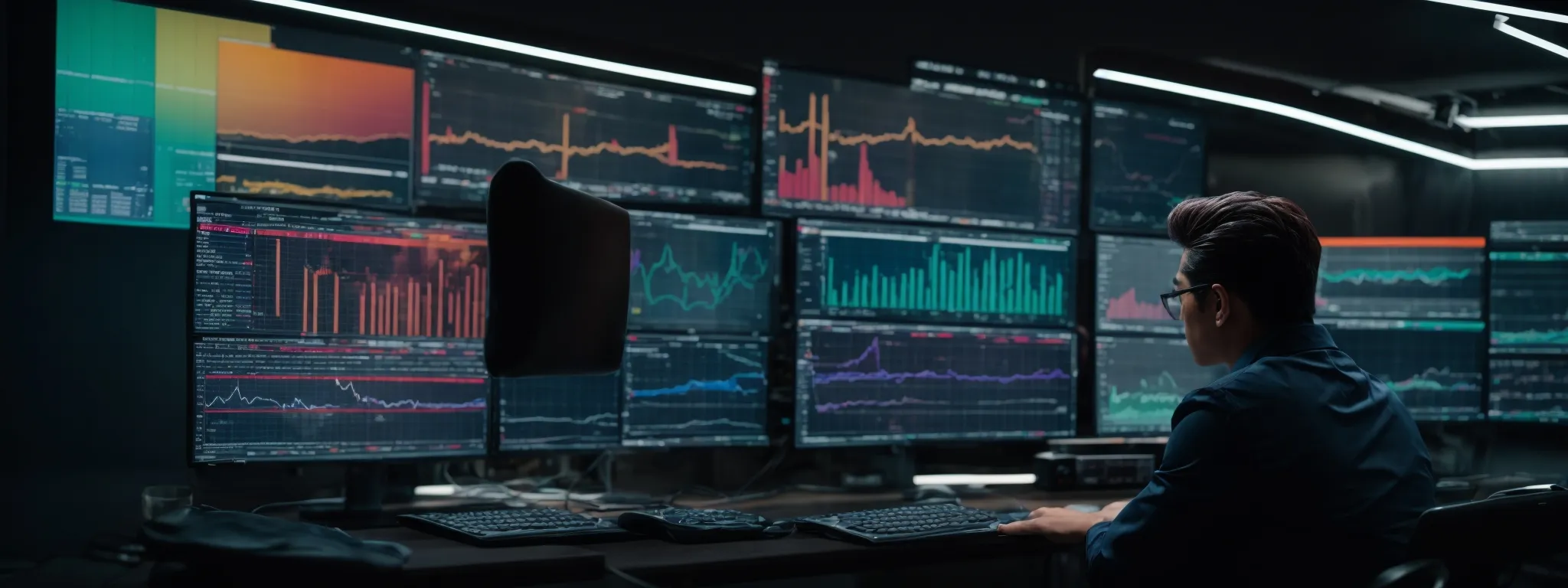 a focused professional intently scrutinizes a computer screen displaying colorful graphs and data analytics.