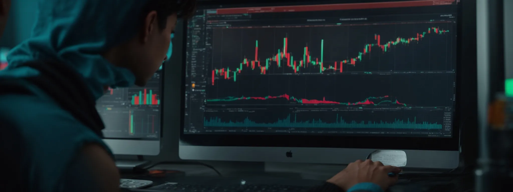 a marketer is reviewing colorful graphs on a computer screen analyzing keyword performance data.