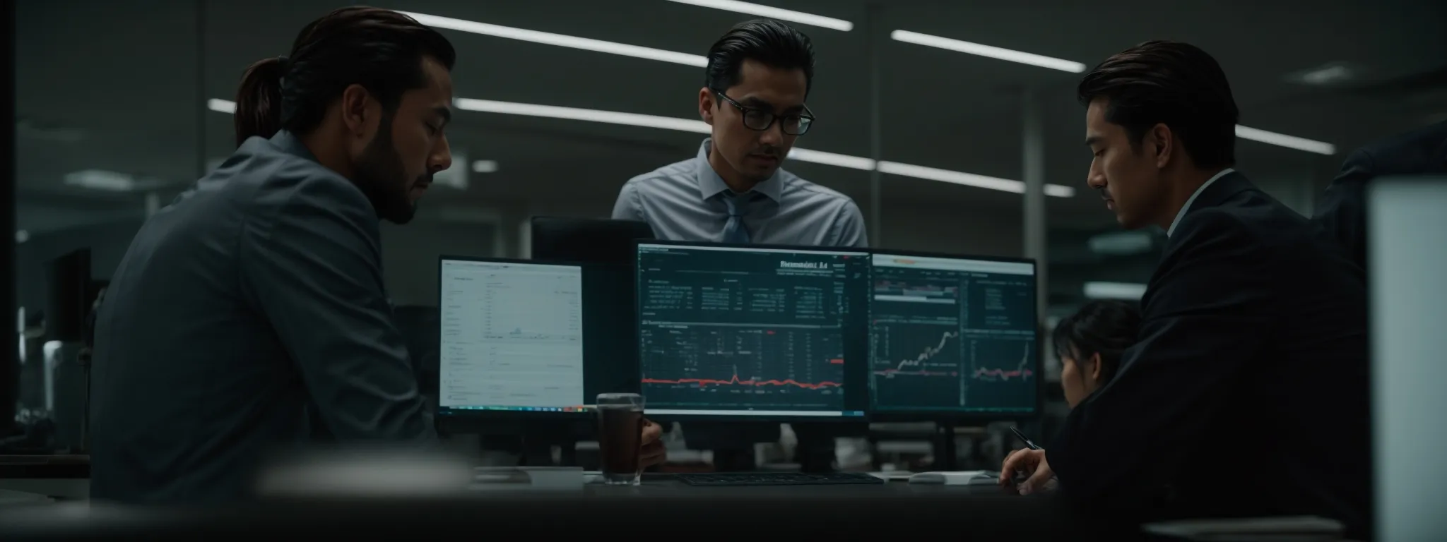 two businesspeople evaluating data on a computer screen, reflecting on the seo tool's features and affordability.