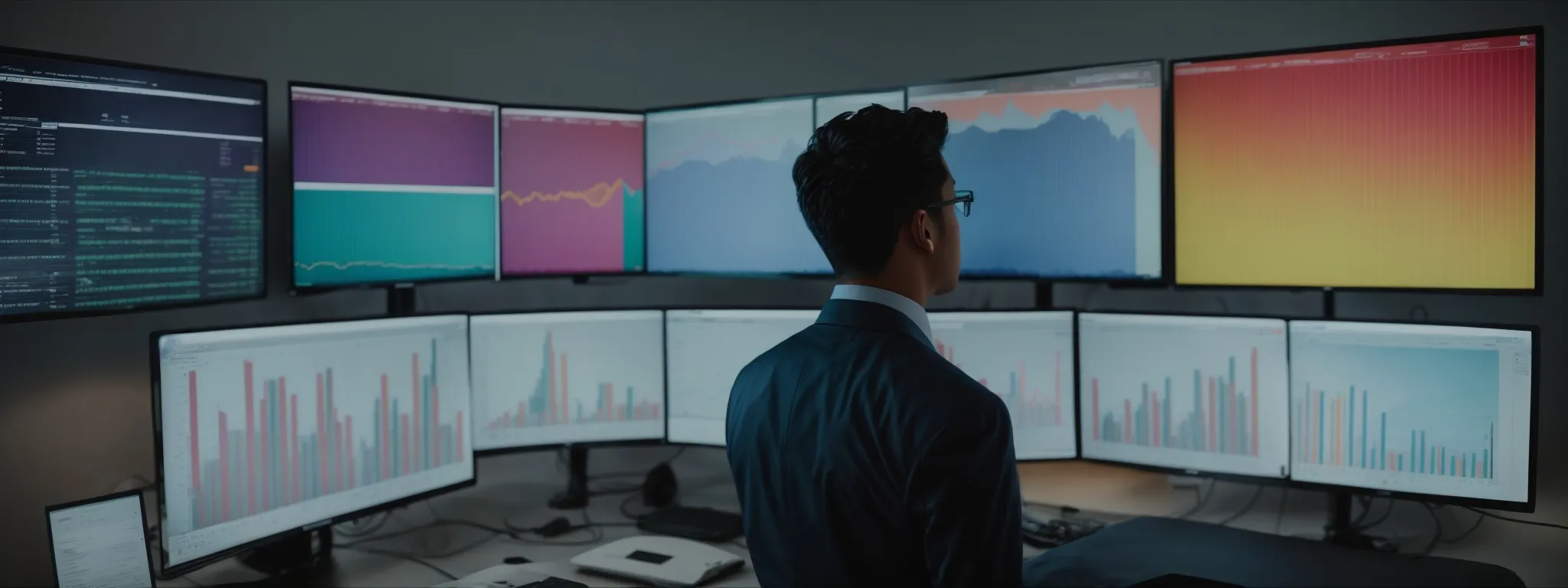 a person viewing colorful keyword analytics charts on a large monitor in a bright modern office.