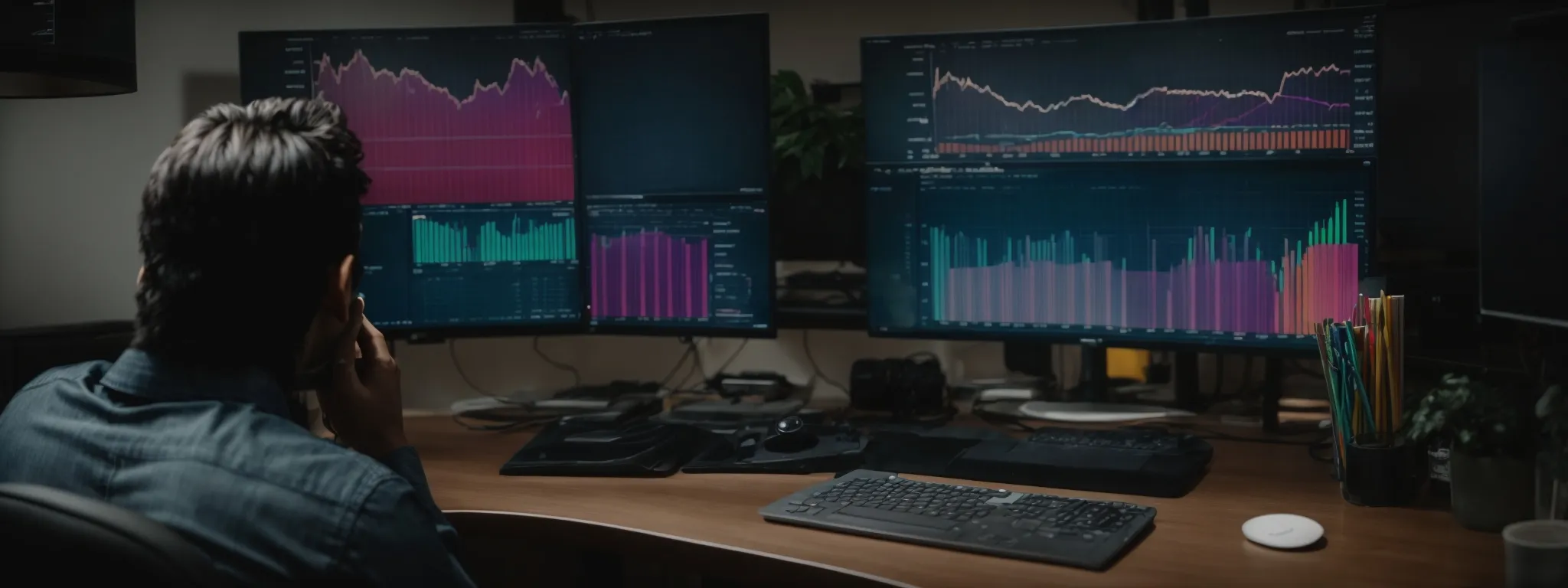 a person sitting at a computer, analyzing colorful graphs and charts on the screen representing keyword research.