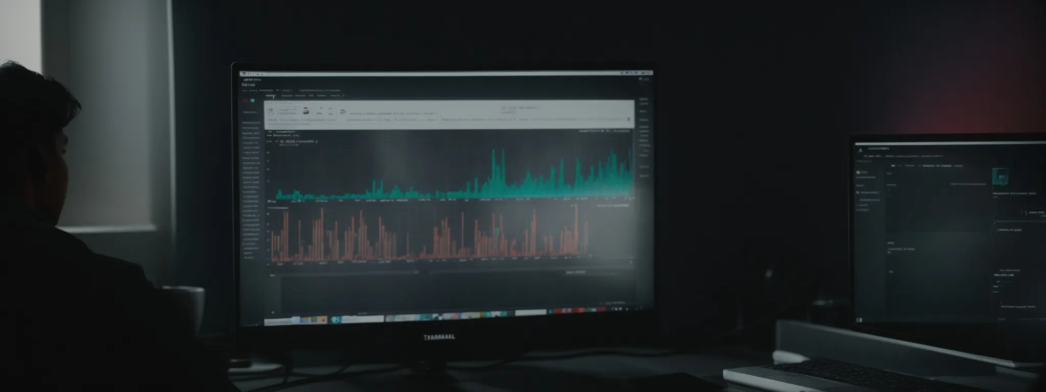 a person sits at a computer, analyzing youtube analytics on the screen with the searchatlas dashboard visible.