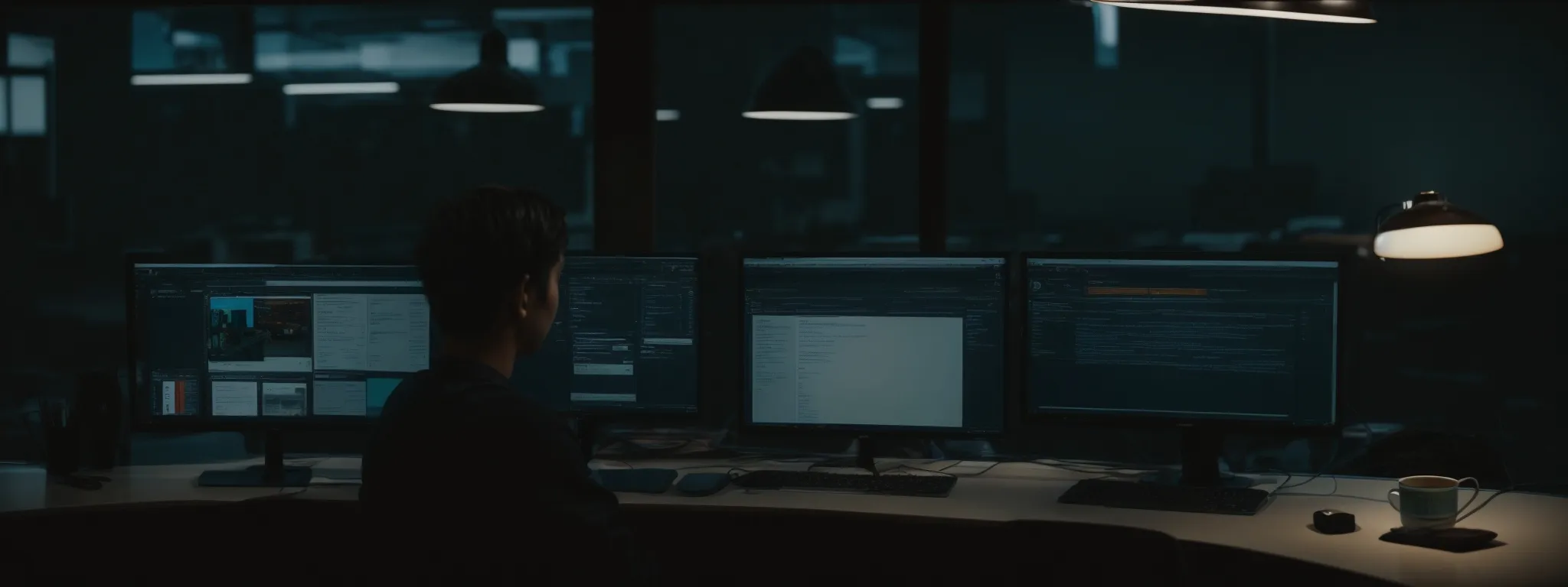 a person sitting in front of a computer with multiple browser windows open, each displaying a different search engine interface.