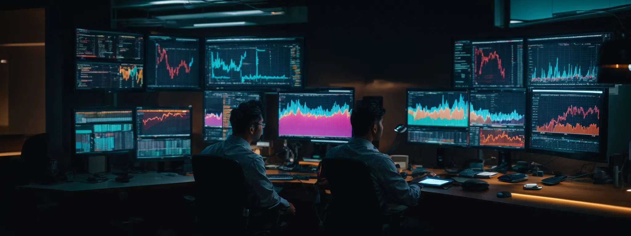 a person seated before multiple computer monitors, reviewing a colorful analytics dashboard, poised to implement digital marketing strategies.