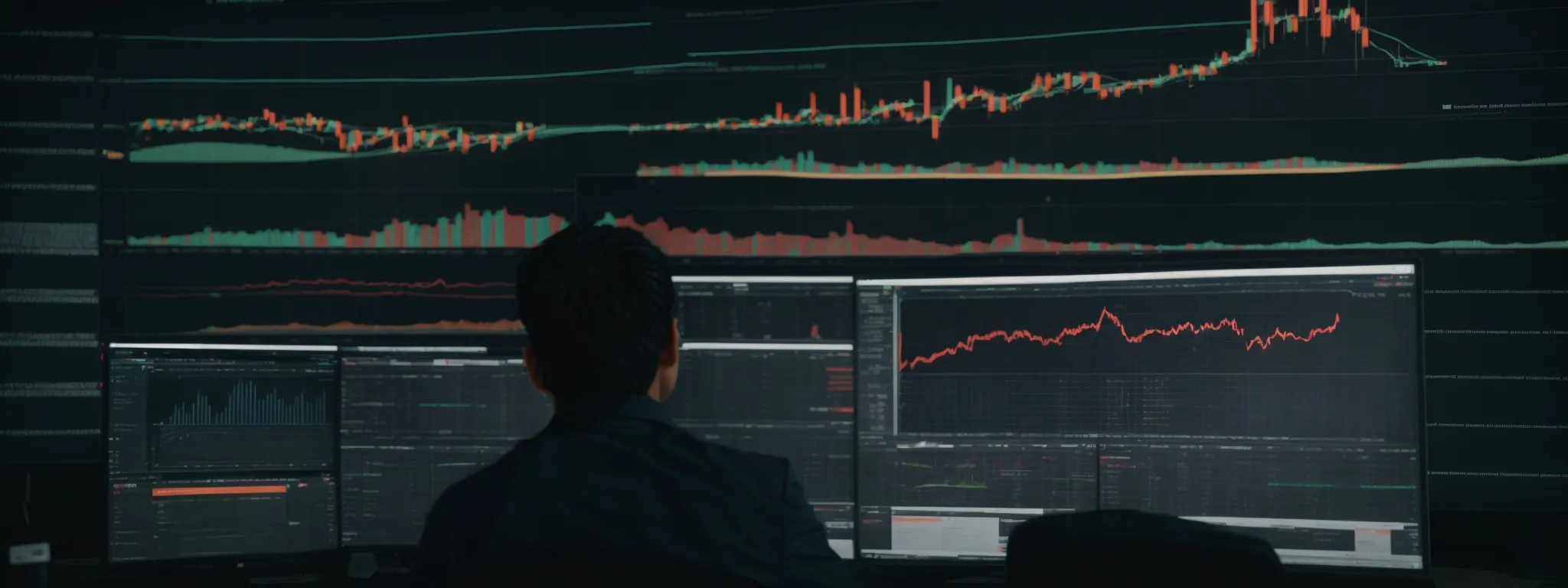 a digital marketer analyzes keyword trends on a large computer screen filled with seo data analytics.