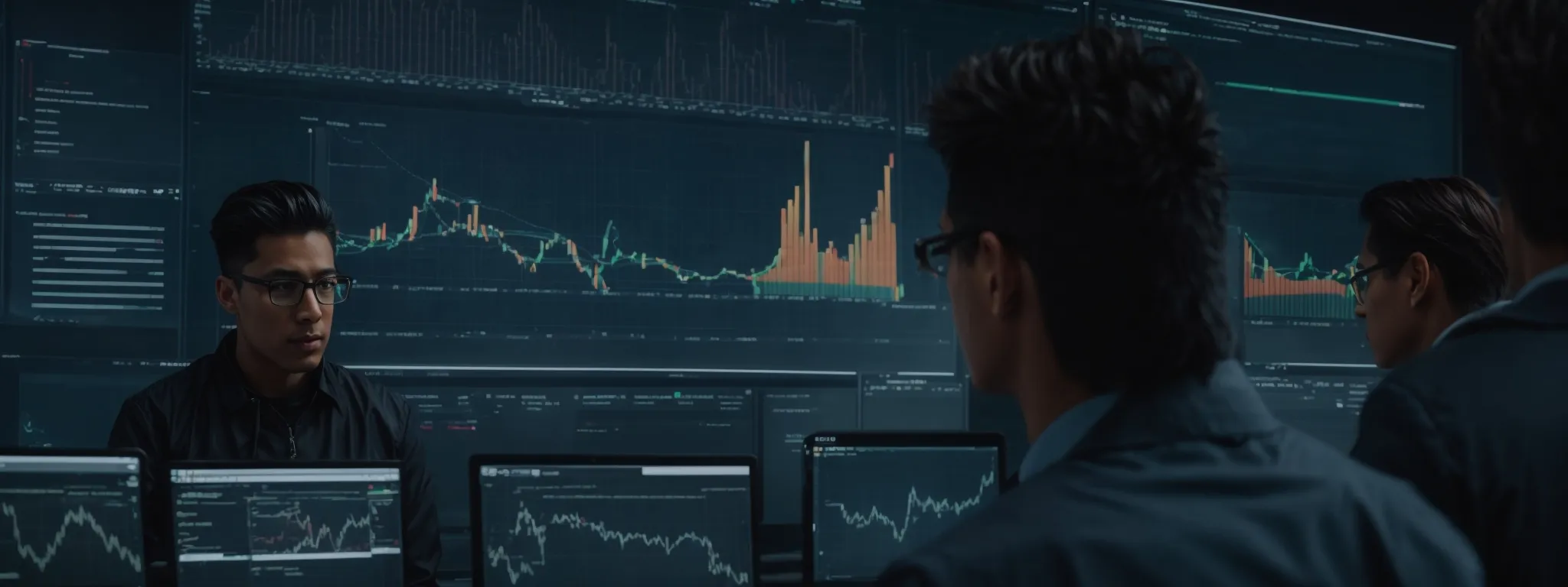 a group of professionals intently scrutinize data on a large screen displaying seo analytics and graphs.