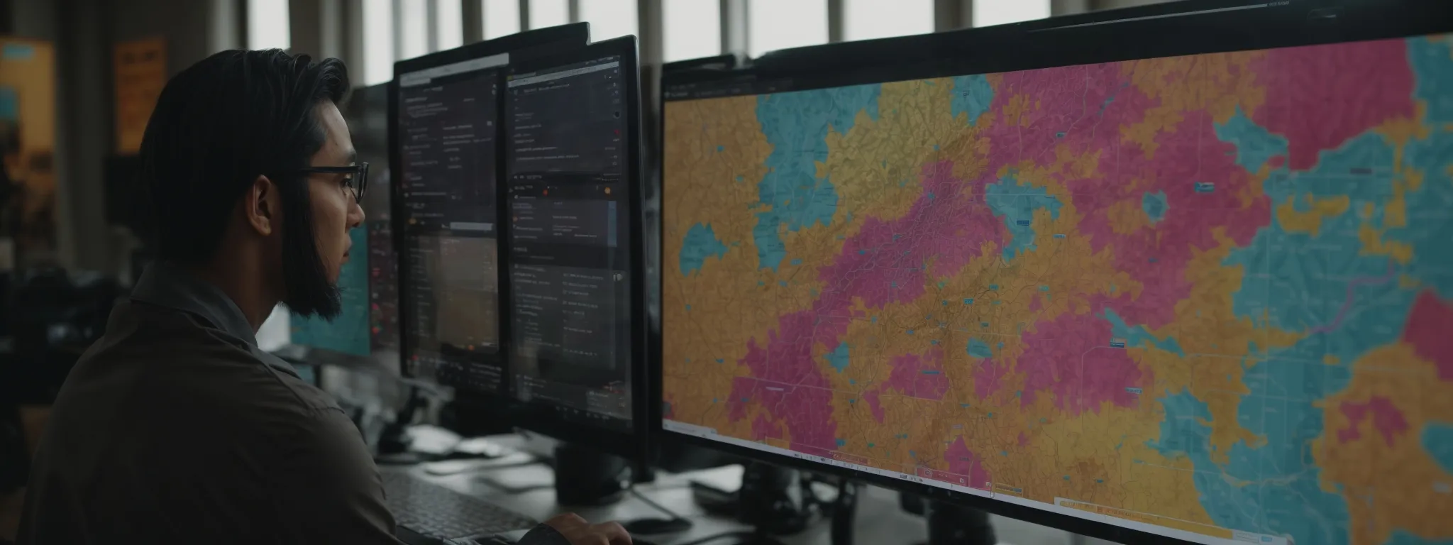 a marketer analyzes a colorful map on a computer screen, pinpointing local hotspots for business growth.