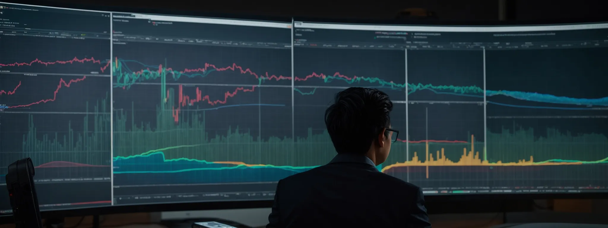 a person intently studies a large, vibrant graph showing various overlapping keyword trends on a computer screen in a sleek, modern office.