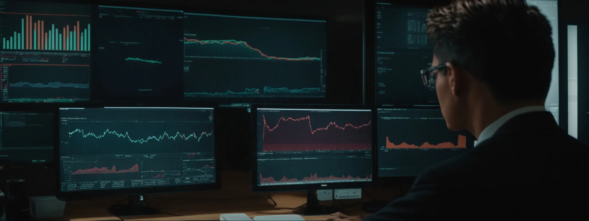 a marketer stares intently at a computer screen displaying graphs and data analytics.