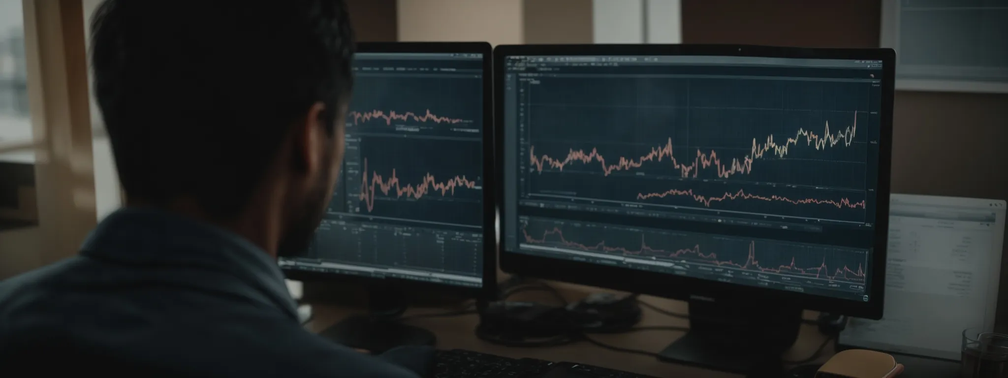 a person examines graphs and charts on a computer screen, reflecting the analysis of digital marketing metrics.