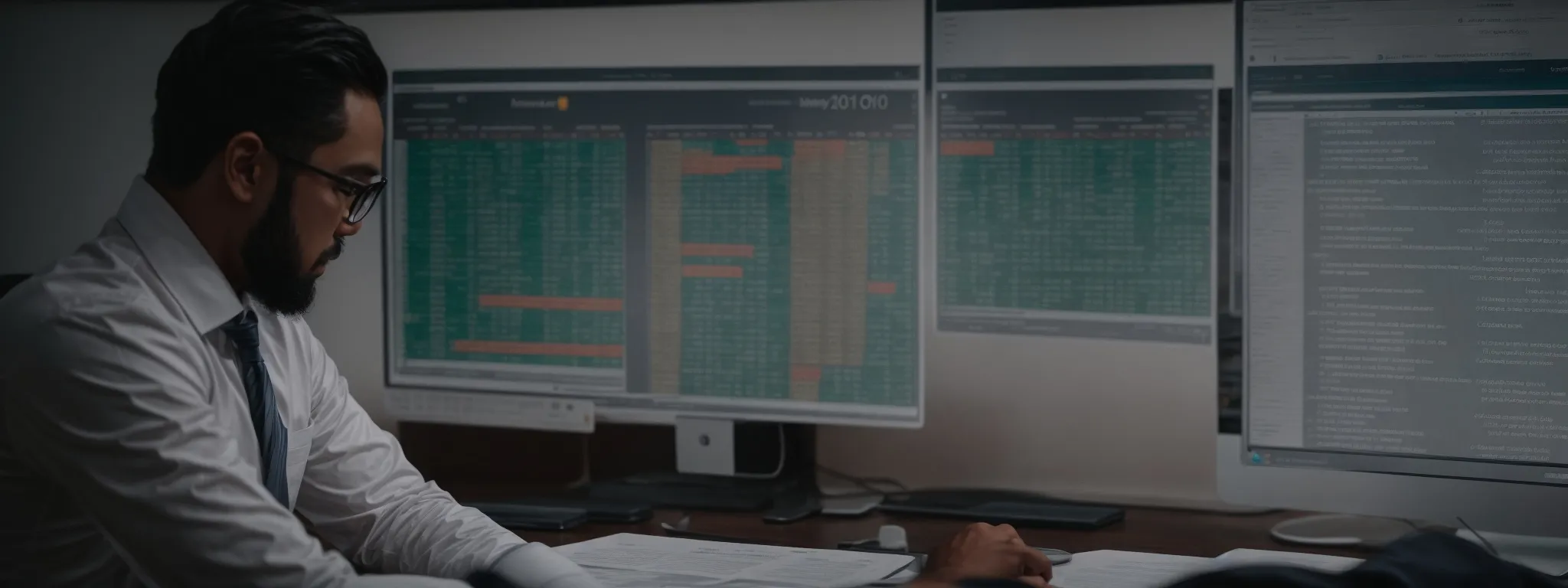 a digital marketer reviews a comprehensive keyword research spreadsheet on a computer screen, strategizing for seo optimization.