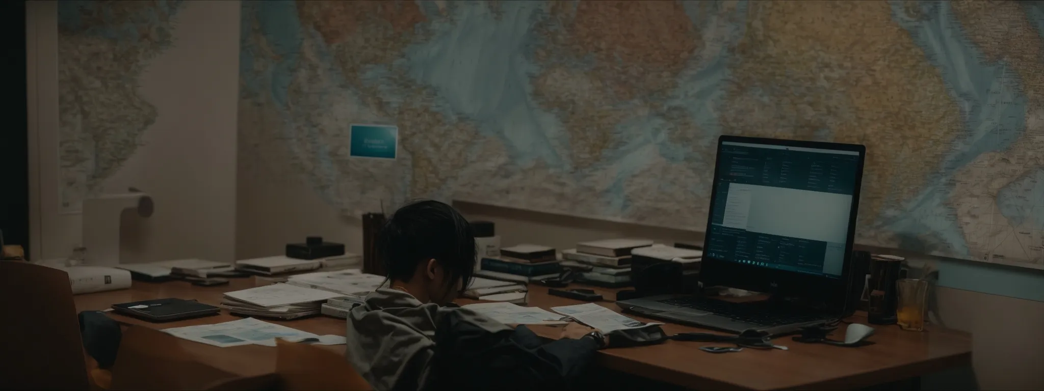 a person sitting at a desk with a laptop, surrounded by maps and location markers.