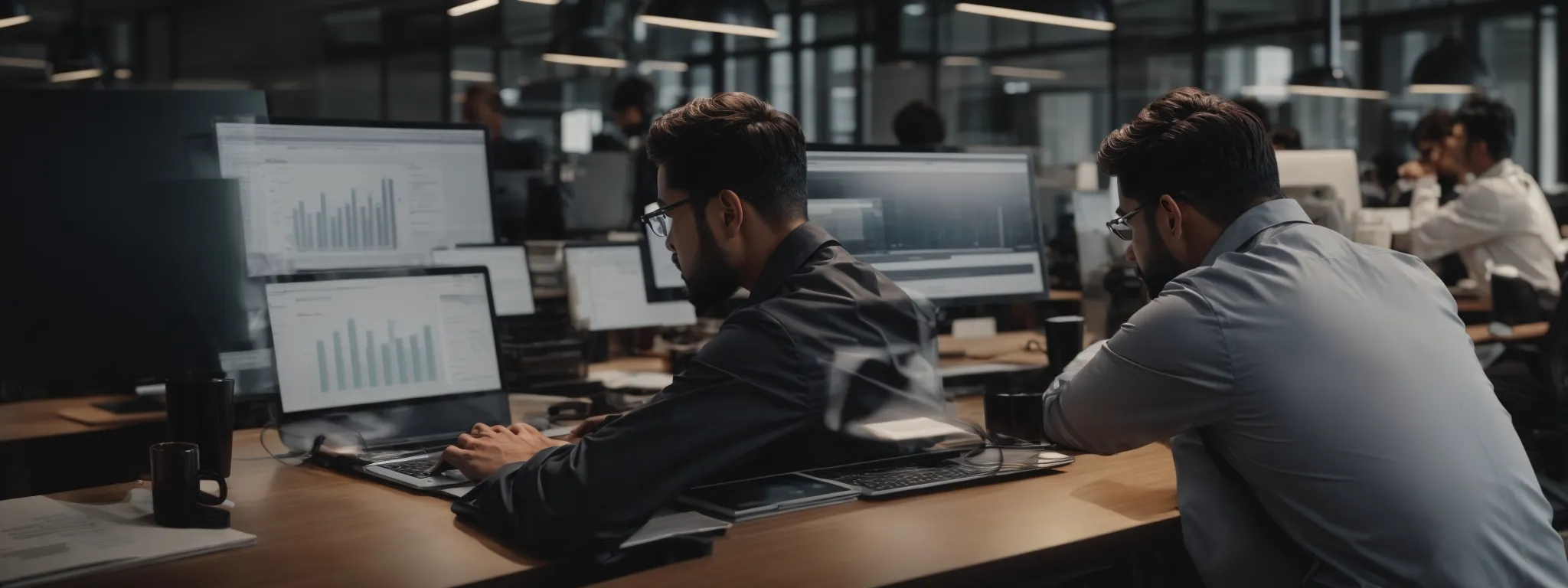 a marketer clicks on a sleek laptop, with seo analytics software open, amidst a modern office environment.