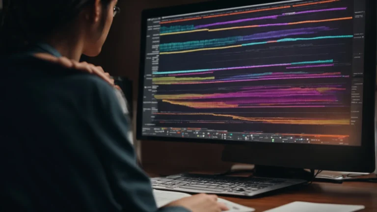a person sitting at a desk with multiple books open and making notes, with a computer screen showing a colorful graph and search bar in focus.