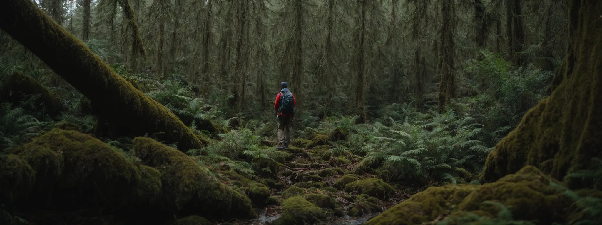 a curious explorer charts a course through a dense forest, symbolizing the intricate journey of deep keyword research.